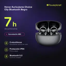 Auriculares Honor Choice Clip open-ear com clipes, caixa de carregamento preta, ANC, 2 microfones, Bluetooth 5.3, IP54 e até 7 h de autonomia