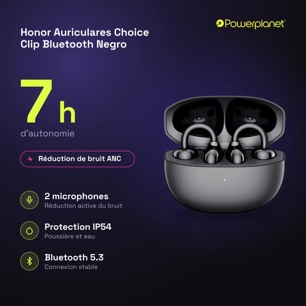 Auriculares Honor Choice Clip open-ear com clipe, caixa de carregamento preta, ANC, 2 microfones, Bluetooth 5.3, IP54 e até 7 h de autonomia