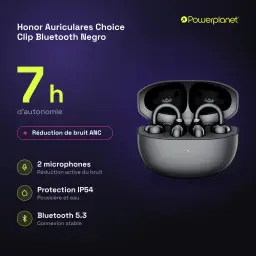 Auriculares Honor Choice Clip open-ear com clipe, caixa de carregamento preta, ANC, 2 microfones, Bluetooth 5.3, IP54 e até 7 h de autonomia