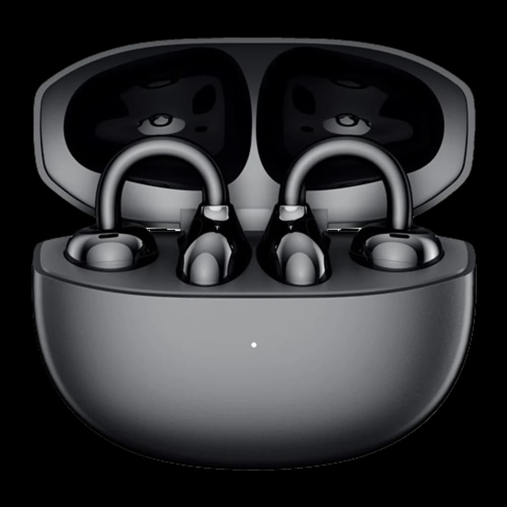 Auriculares Honor Choice Clip com estojo preto fosco, design open-ear com clipes curvos, ponteiras compactas e LED frontal; aparência moderna e resistente