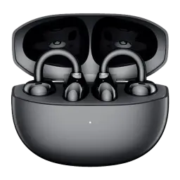 Auriculares Honor Choice Clip com estojo preto fosco, design open-ear com clipes curvos, ponteiras compactas e LED frontal; aparência moderna e resistente