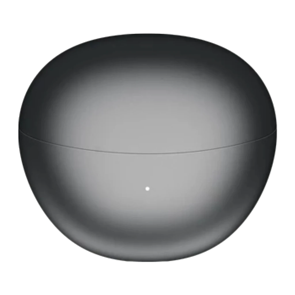 Boîtier noir compact ouvert montrant deux écouteurs open ear avec clip en anneau, embouts brillants, finition mate élégante, LED frontale discrète - Ítem8
