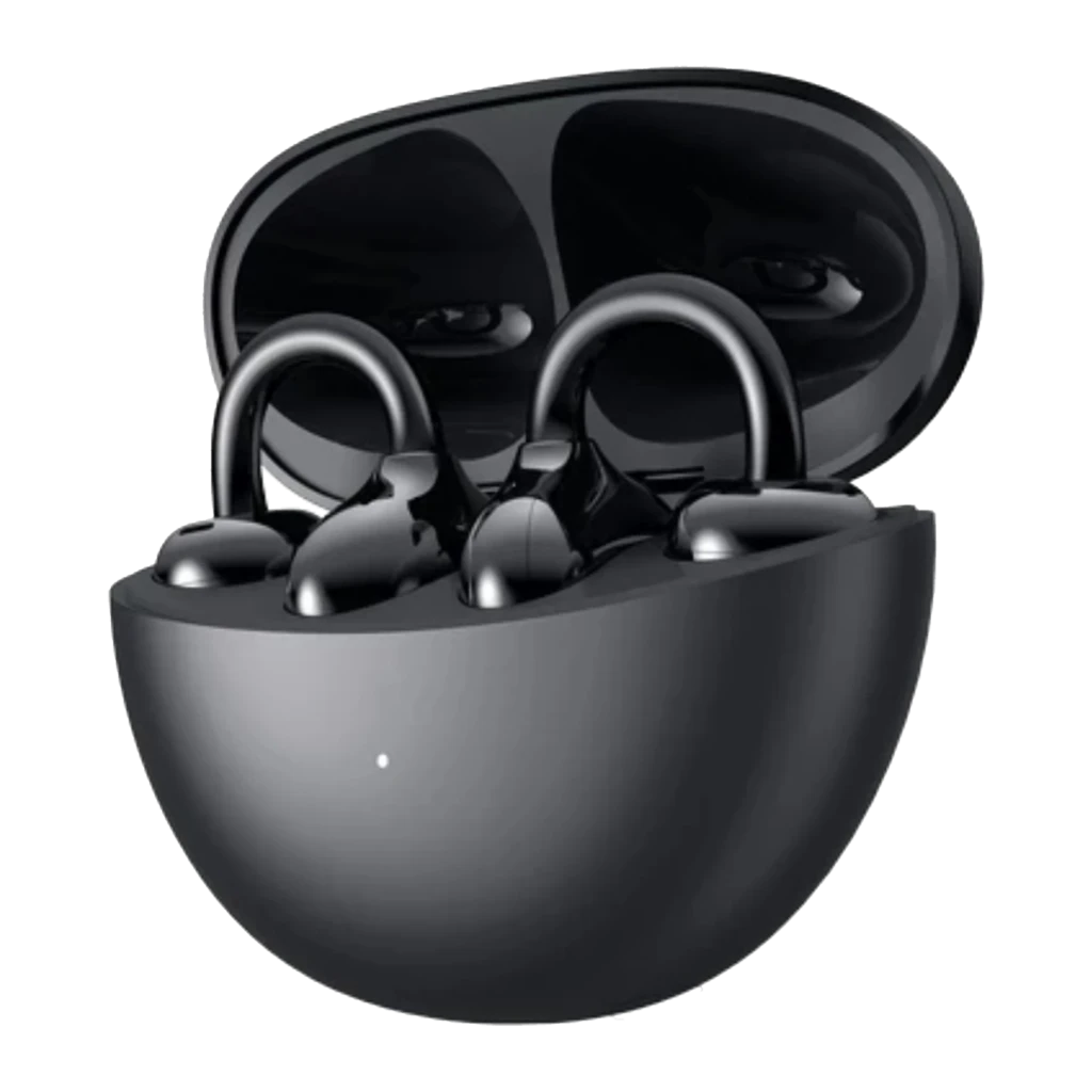 Boîtier noir compact ouvert montrant deux écouteurs open ear avec clip en anneau, embouts brillants, finition mate élégante, LED frontale discrète - Ítem7