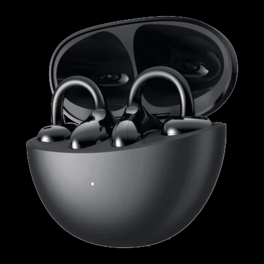 Auriculares Honor Choice Clip ANC, open-ear com clipe; estojo preto oval com tampa brilhante e quatro ganchos curvos em acabamento preto lustroso