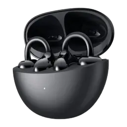 Auriculares Honor Choice Clip ANC, open-ear com clipe; estojo preto oval com tampa brilhante e quatro ganchos curvos em acabamento preto lustroso