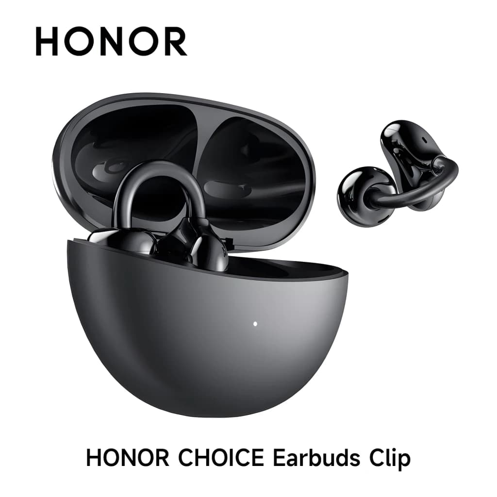 Auriculares Honor Choice Clip open-ear com clipe, acabamento preto brilhante, estojo oval magnético e design leve; destaque para Cancelamento Ativo de Ruído