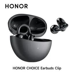Auriculares Honor Choice Clip open-ear com clipe, acabamento preto brilhante, estojo oval magnético e design leve; destaque para Cancelamento Ativo de Ruído
