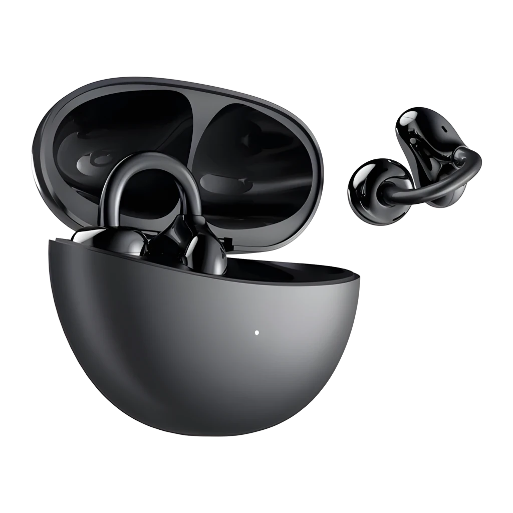 Boîtier noir compact ouvert montrant deux écouteurs open ear avec clip en anneau, embouts brillants, finition mate élégante, LED frontale discrète - Ítem4