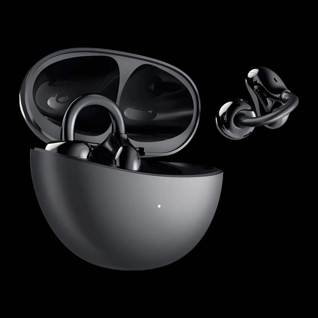 Auriculares Honor Choice Clip com cancelamento ativo de ruído, design open-ear com clipe, estojo magnético curvo em preto brilhante e LED frontal discreto