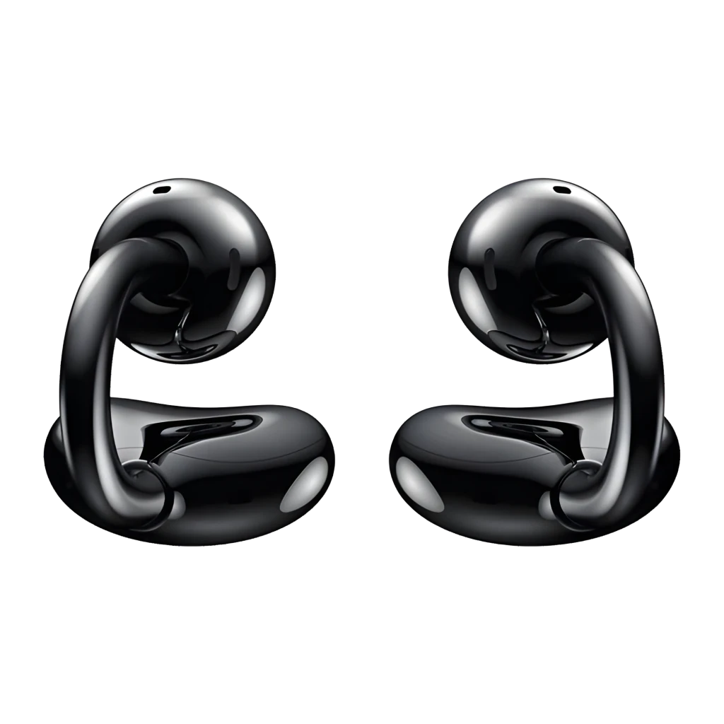 Boîtier noir compact ouvert montrant deux écouteurs open ear avec clip en anneau, embouts brillants, finition mate élégante, LED frontale discrète - Ítem5