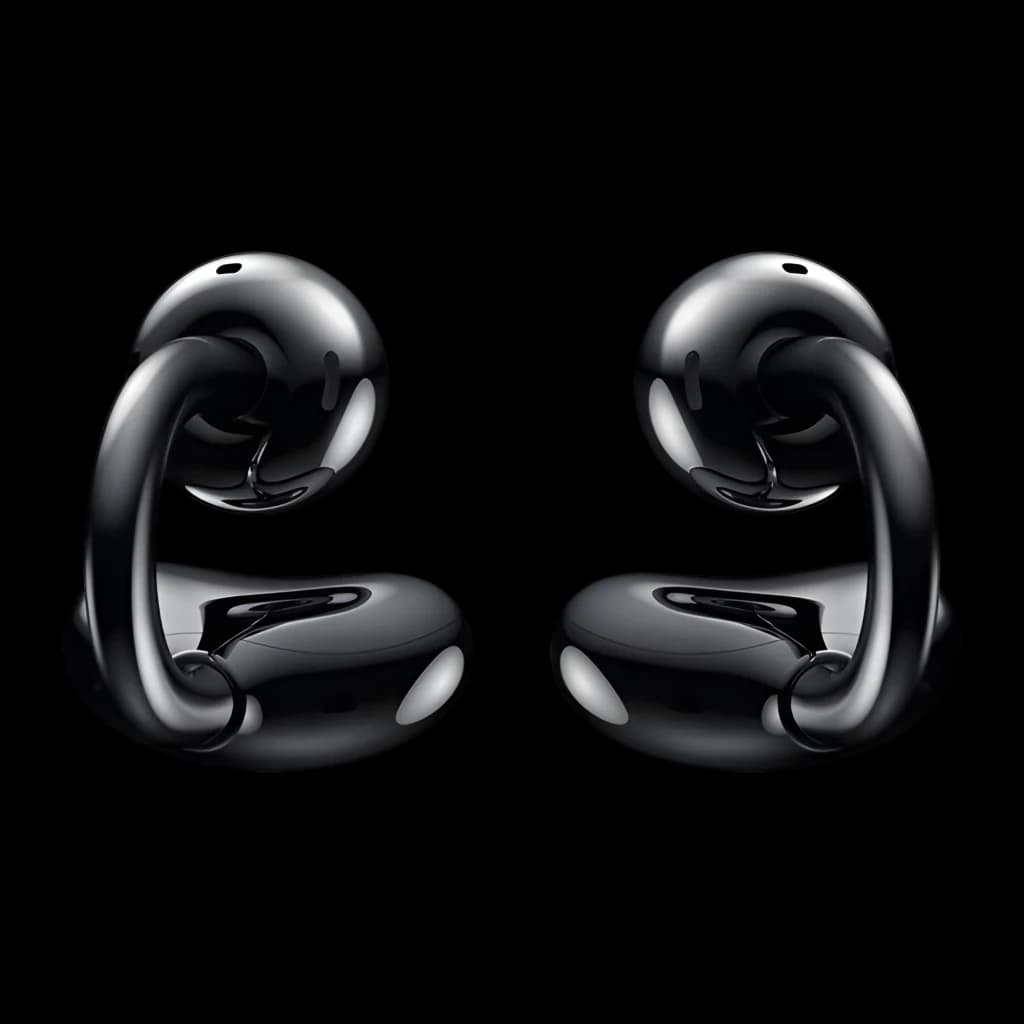 Auriculares Honor Choice Clip, design open-ear com clipe em acabamento preto brilhante, formato curvo ergonômico, microfones discretos e superfície lisa