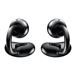 Auriculares Honor Choice Clip, design open-ear com clipe em acabamento preto brilhante, formato curvo ergonômico, microfones discretos e superfície lisa