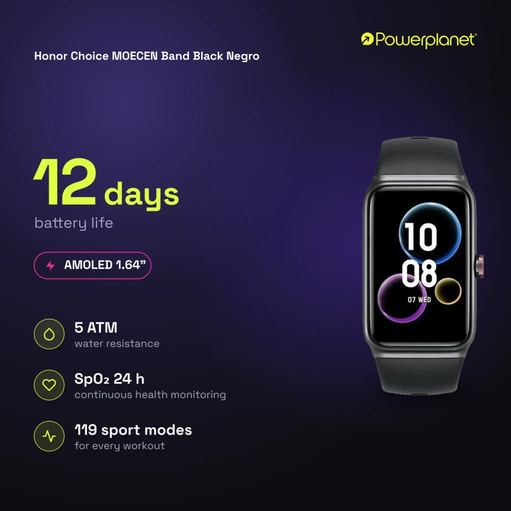 Honor Choice Moecen Band Preto com tela AMOLED 1,64 pol, mostrador retangular, bordas arredondadas e pulseira de silicone preta elegante - Item1