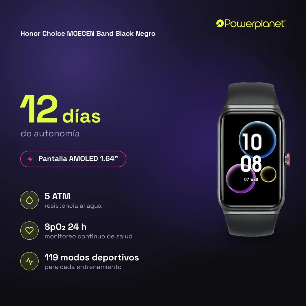 Honor Choice Moecen Band Preto com tela AMOLED 1,64 pol, mostrador retangular, bordas arredondadas e pulseira de silicone preta elegante - Item4