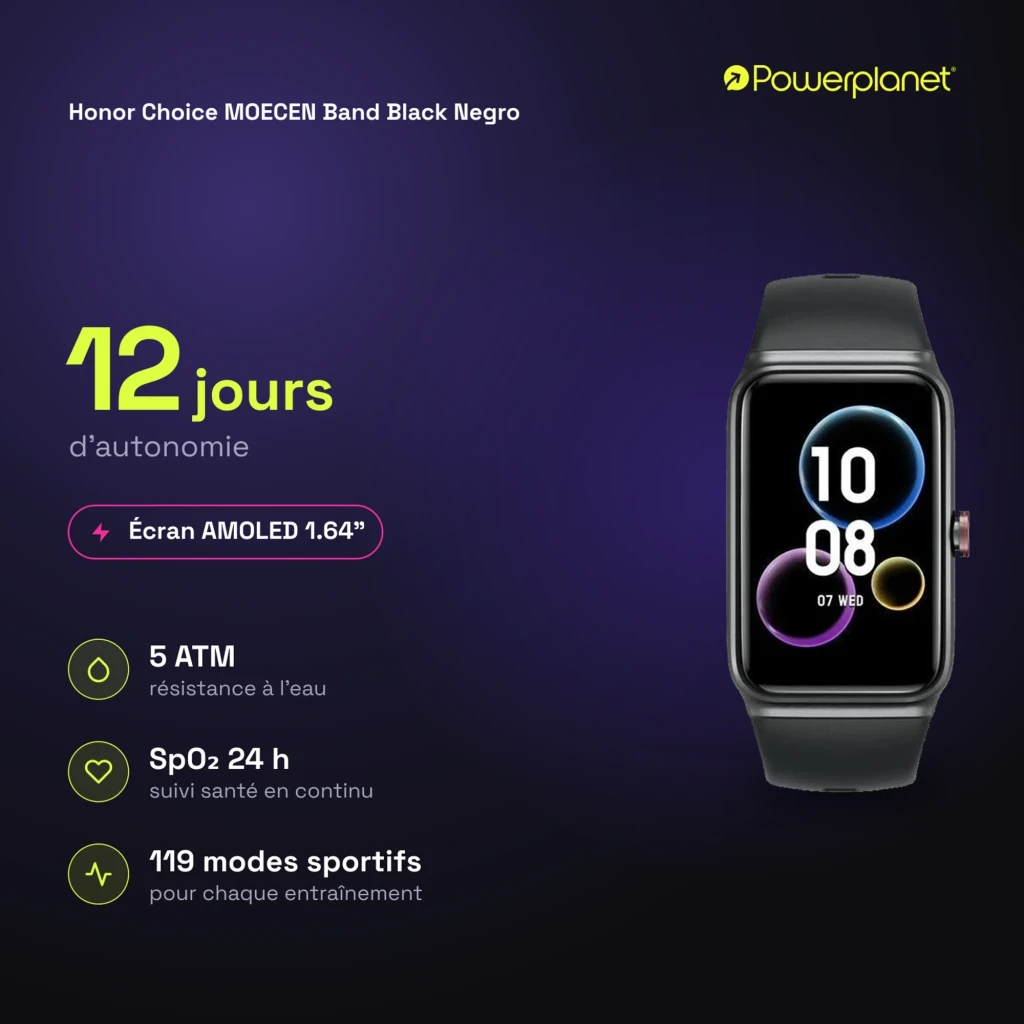 Honor Choice Moecen Band Preto com tela AMOLED 1,64 pol, mostrador retangular, bordas arredondadas e pulseira de silicone preta elegante - Item2
