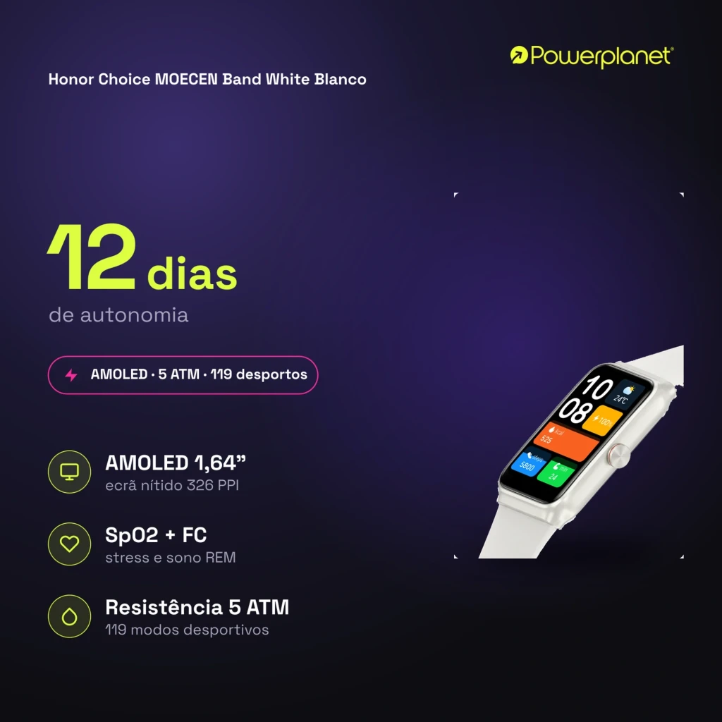Pulseira inteligente branca com caixa retangular prata, tela AMOLED 1,64 polegada preto com algarismos romanos e ponteiros dourados, botão lateral em destaque - Item6