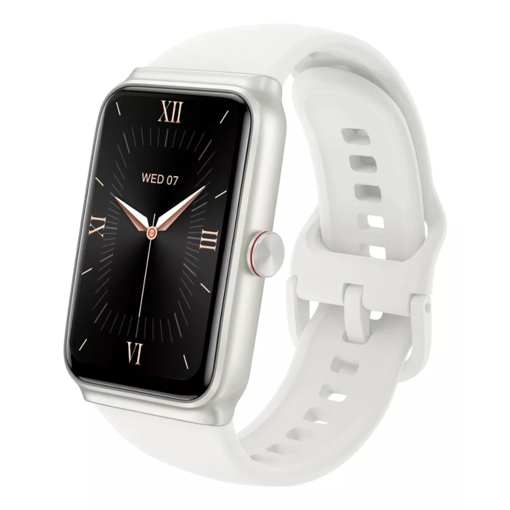 Pulseira inteligente branca com caixa retangular prata, tela AMOLED 1,64 polegada preto com algarismos romanos e ponteiros dourados, botão lateral em destaque - Item1