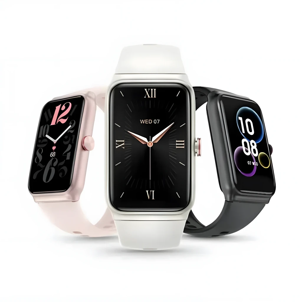 Pulseira inteligente branca com caixa retangular prata, tela AMOLED 1,64 polegada preto com algarismos romanos e ponteiros dourados, botão lateral em destaque - Item3