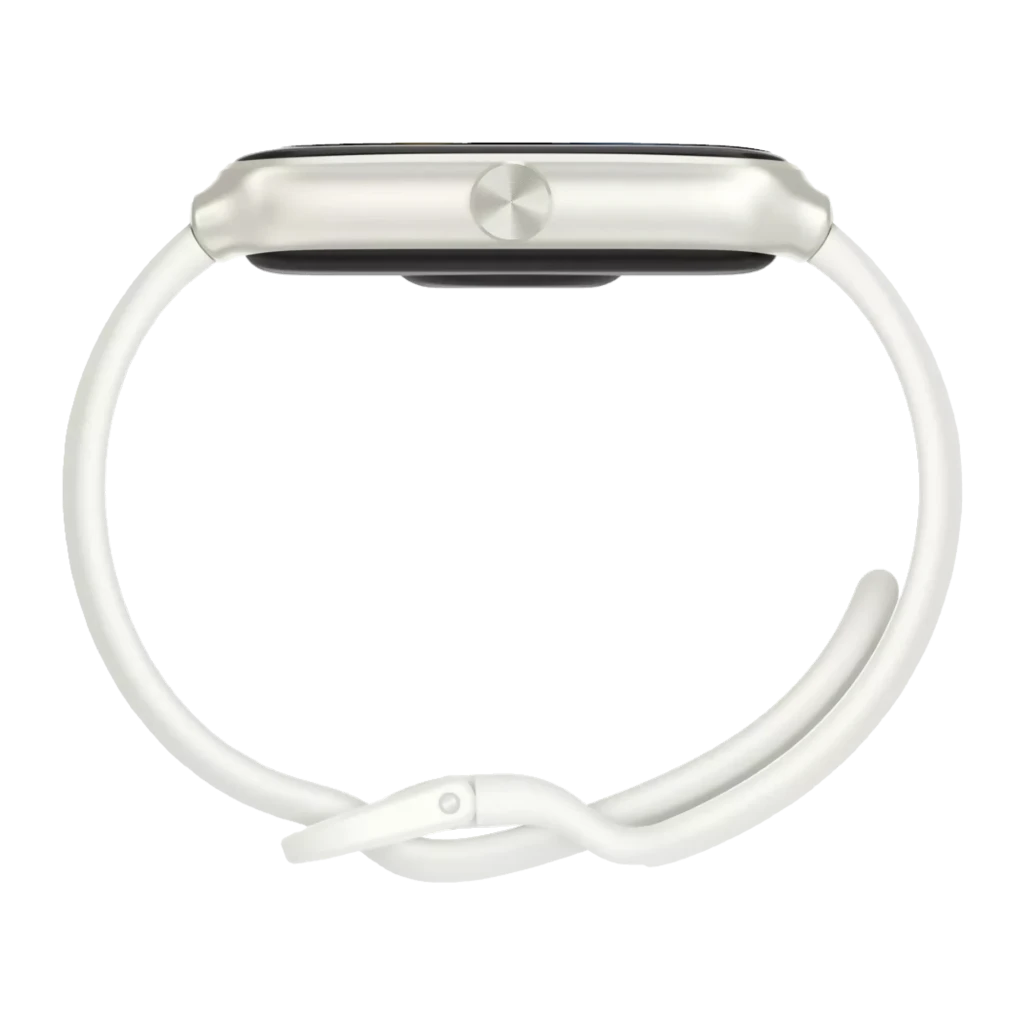 Pulseira inteligente branca com caixa retangular prata, tela AMOLED 1,64 polegada preto com algarismos romanos e ponteiros dourados, botão lateral em destaque - Item2