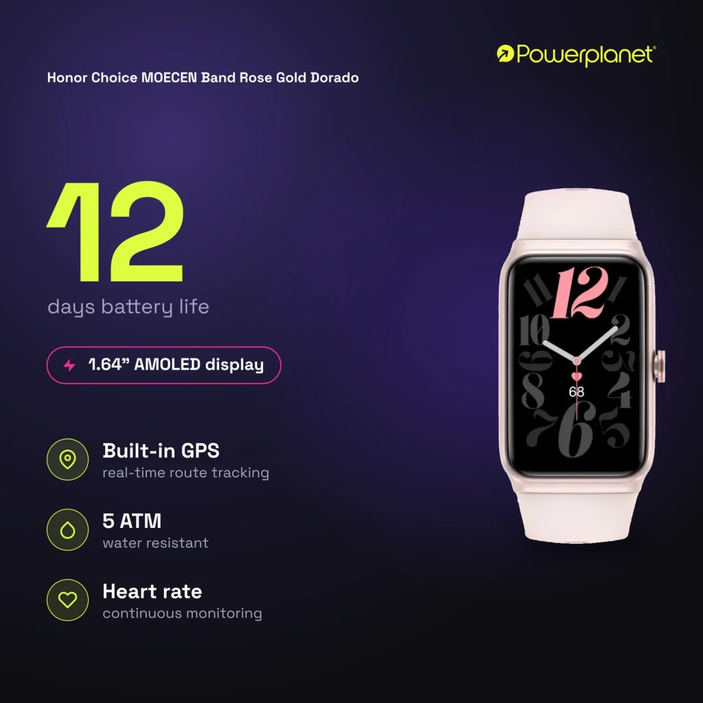 Honor Choice Moecen Band ouro-rosa com tela AMOLED 1,64, mostrador preto com numerais grandes em rosa e cinza, caixa retangular e pulseira suave clara - Item3