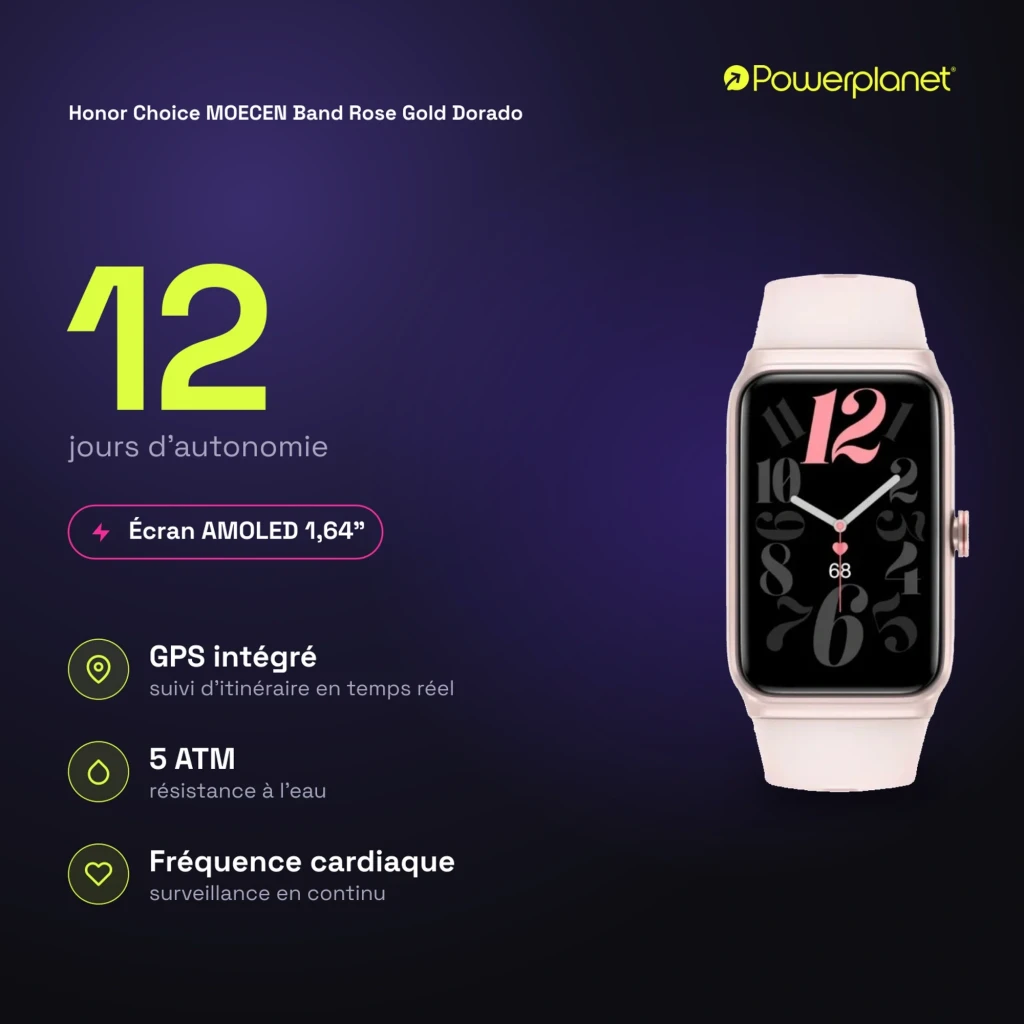 Honor Choice Moecen Band ouro-rosa com tela AMOLED 1,64, mostrador preto com numerais grandes em rosa e cinza, caixa retangular e pulseira suave clara - Item4