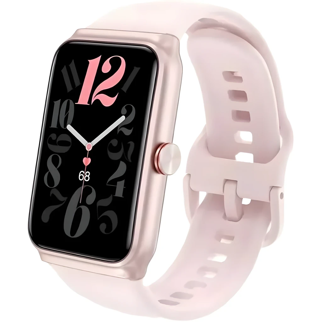 Honor Choice Moecen Band ouro-rosa com tela AMOLED 1,64, mostrador preto com numerais grandes em rosa e cinza, caixa retangular e pulseira suave clara - Item1