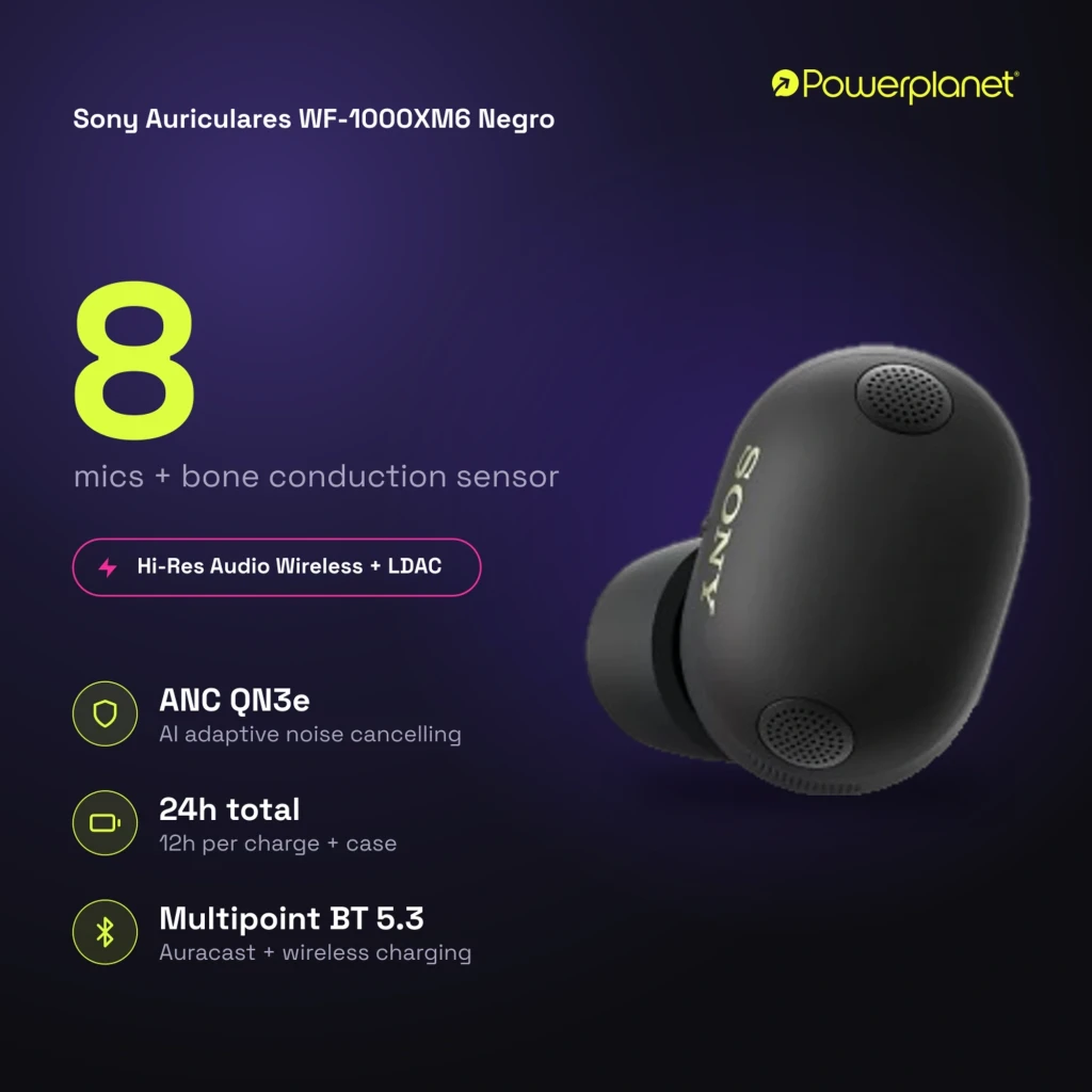 Boîtier de charge noir mat compact avec deux écouteurs intra noirs, design arrondi, indicateurs discrets, finition soignée et port USB-C à l’arrière - Ítem10