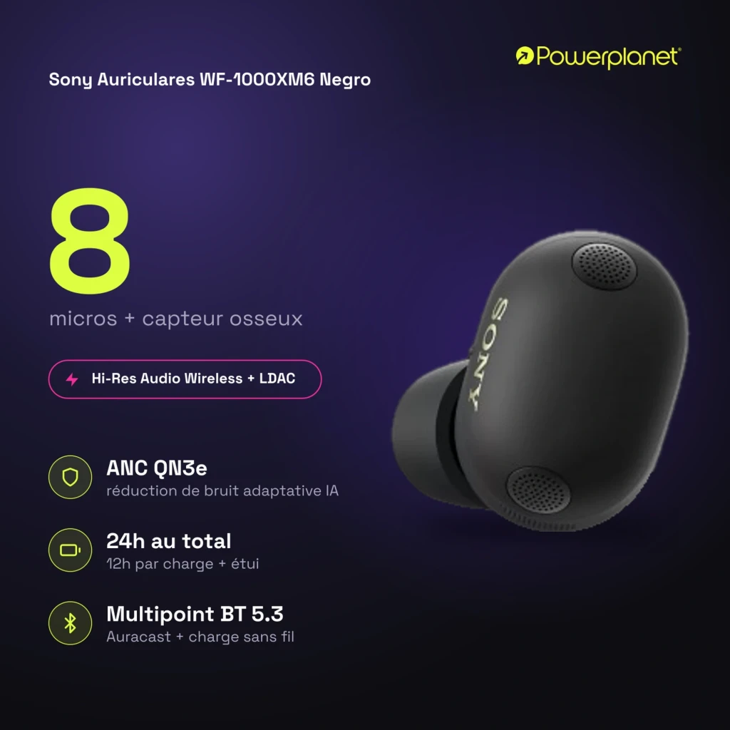 Boîtier de charge noir mat compact avec deux écouteurs intra noirs, design arrondi, indicateurs discrets, finition soignée et port USB-C à l’arrière - Ítem9