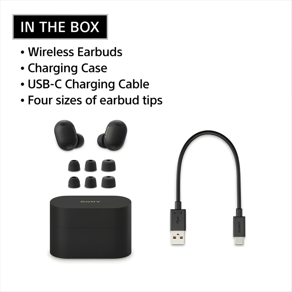 Boîtier de charge noir mat compact avec deux écouteurs intra noirs, design arrondi, indicateurs discrets, finition soignée et port USB-C à l’arrière - Ítem13