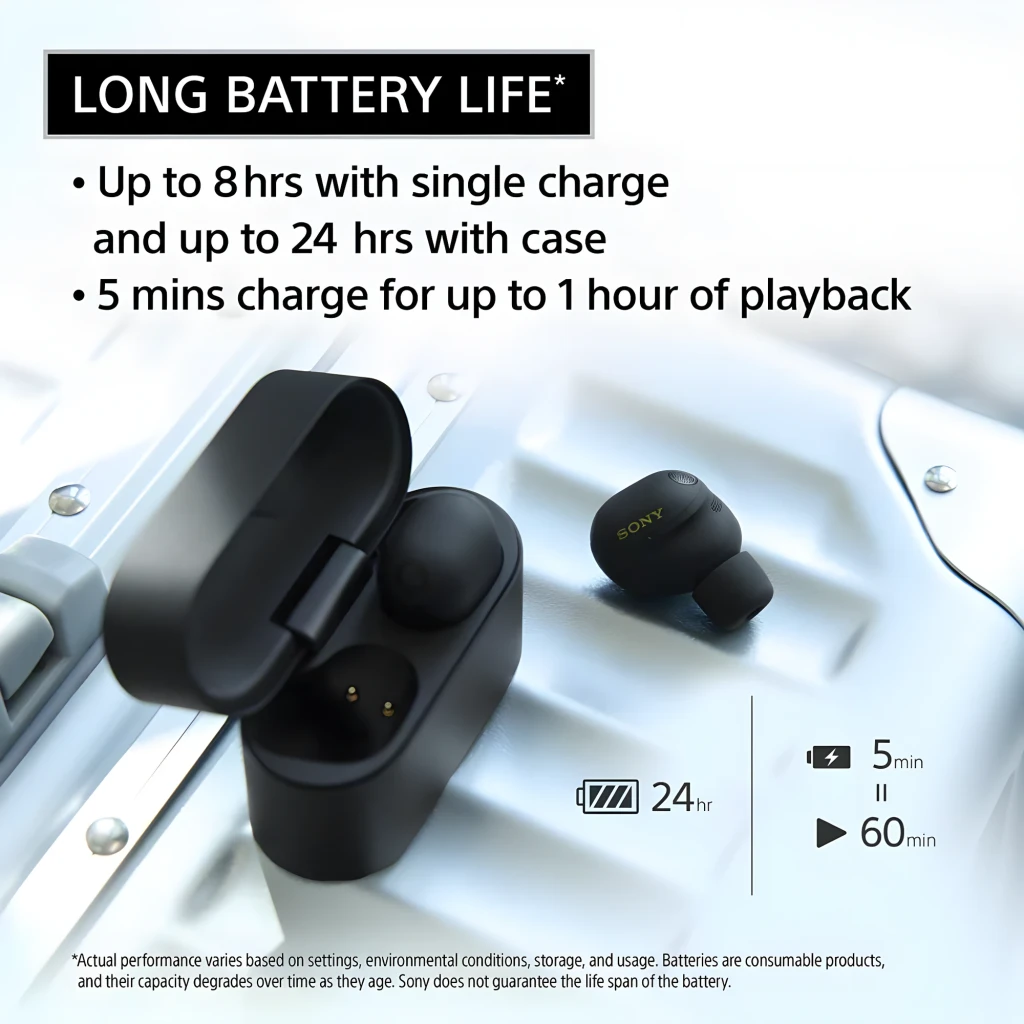 Boîtier de charge noir mat compact avec deux écouteurs intra noirs, design arrondi, indicateurs discrets, finition soignée et port USB-C à l’arrière - Ítem3