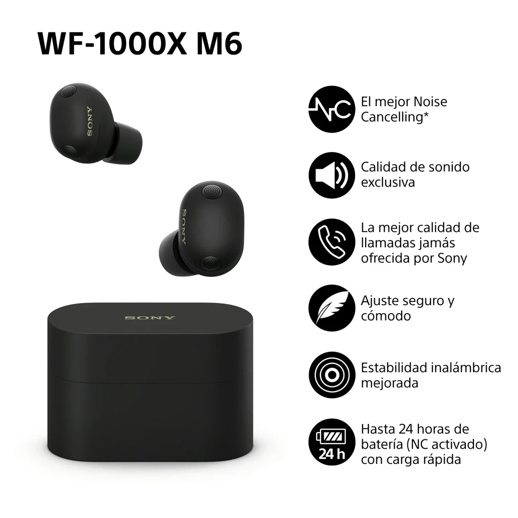 Boîtier de charge noir mat compact avec deux écouteurs intra noirs, design arrondi, indicateurs discrets, finition soignée et port USB-C à l’arrière - Ítem8