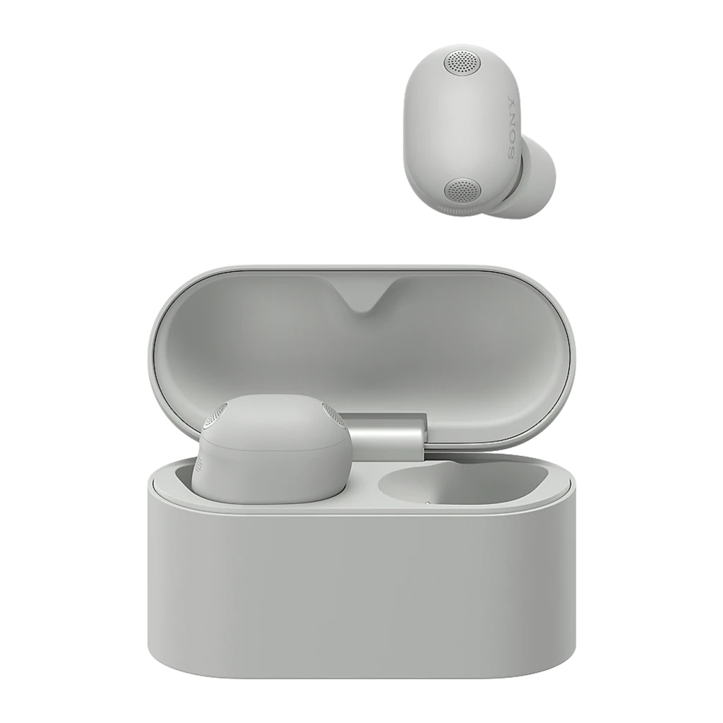 Boîtier argenté compact avec deux écouteurs intra TWS Sony WF-1000XM6, design arrondi lisse, embouts discrets, LED frontale, finition mate élégante - Ítem1