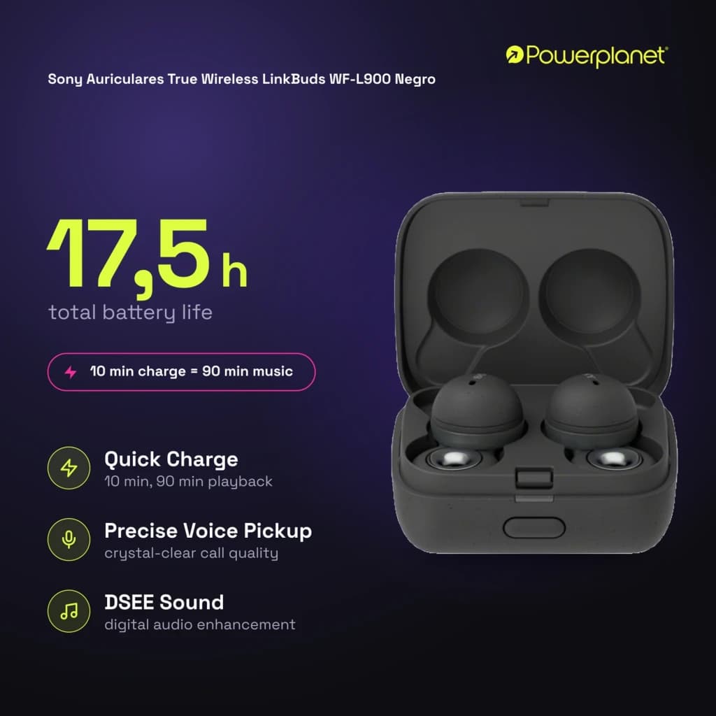 Estuche de carga gris con auriculares Sony LinkBuds WF-L900 TWS in-ear; indicadores LED, diseño compacto, botones visibles y acabado mate IPX4 Bluetooth 5.2