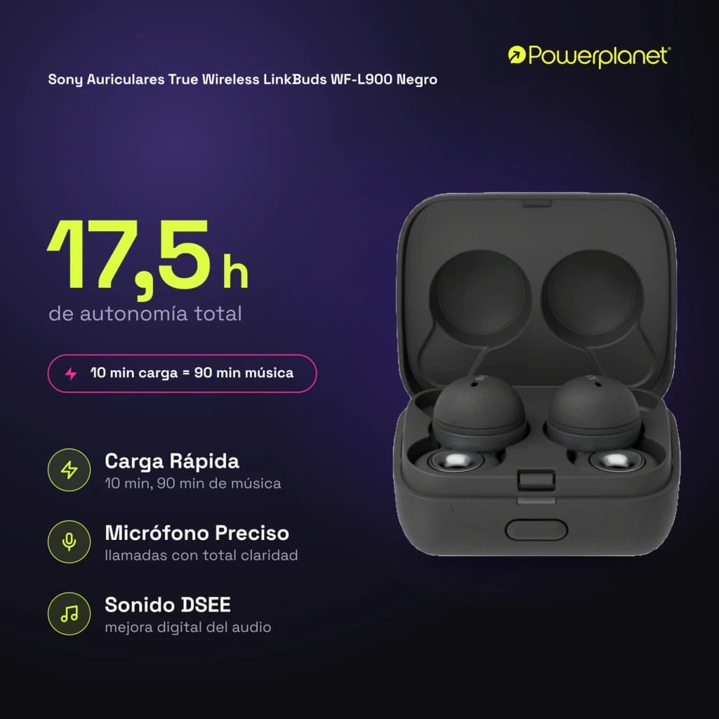Estuche gris con auriculares Sony LinkBuds WF-L900 TWS In-Ear; diseño abierto tipo anillo, LEDs de estado, puntas de silicona y acabado mate compacto