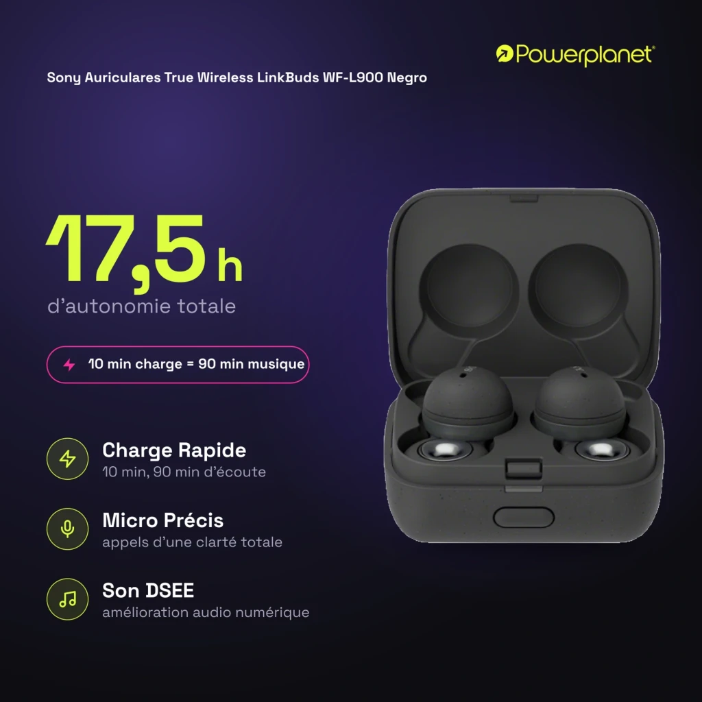 Sony LinkBuds WF-L900 gris avec boîtier compact, design annulaire ouvert, embouts ronds, voyants internes et aimants de charge, style minimal et moderne - Ítem5