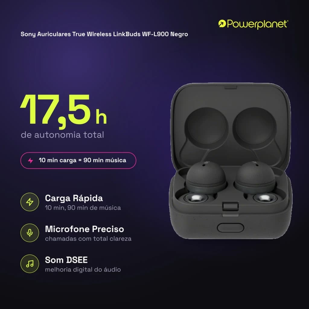 Estuche de carga gris con auriculares Sony LinkBuds WF-L900 TWS in-ear; diseño con anillo abierto, LED frontal y acabado mate compacto IPX4