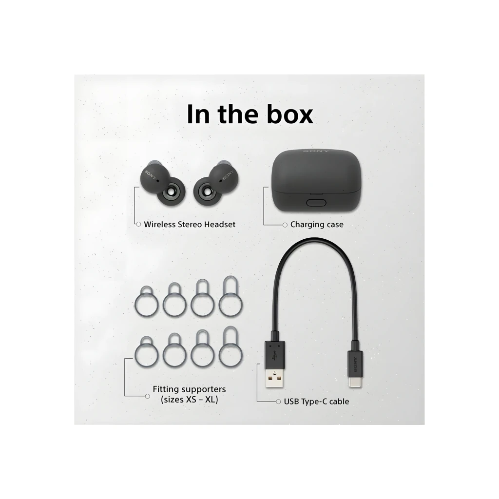 Sony LinkBuds WF-L900 gris avec boîtier compact, design annulaire ouvert, embouts ronds, voyants internes et aimants de charge, style minimal et moderne - Ítem9