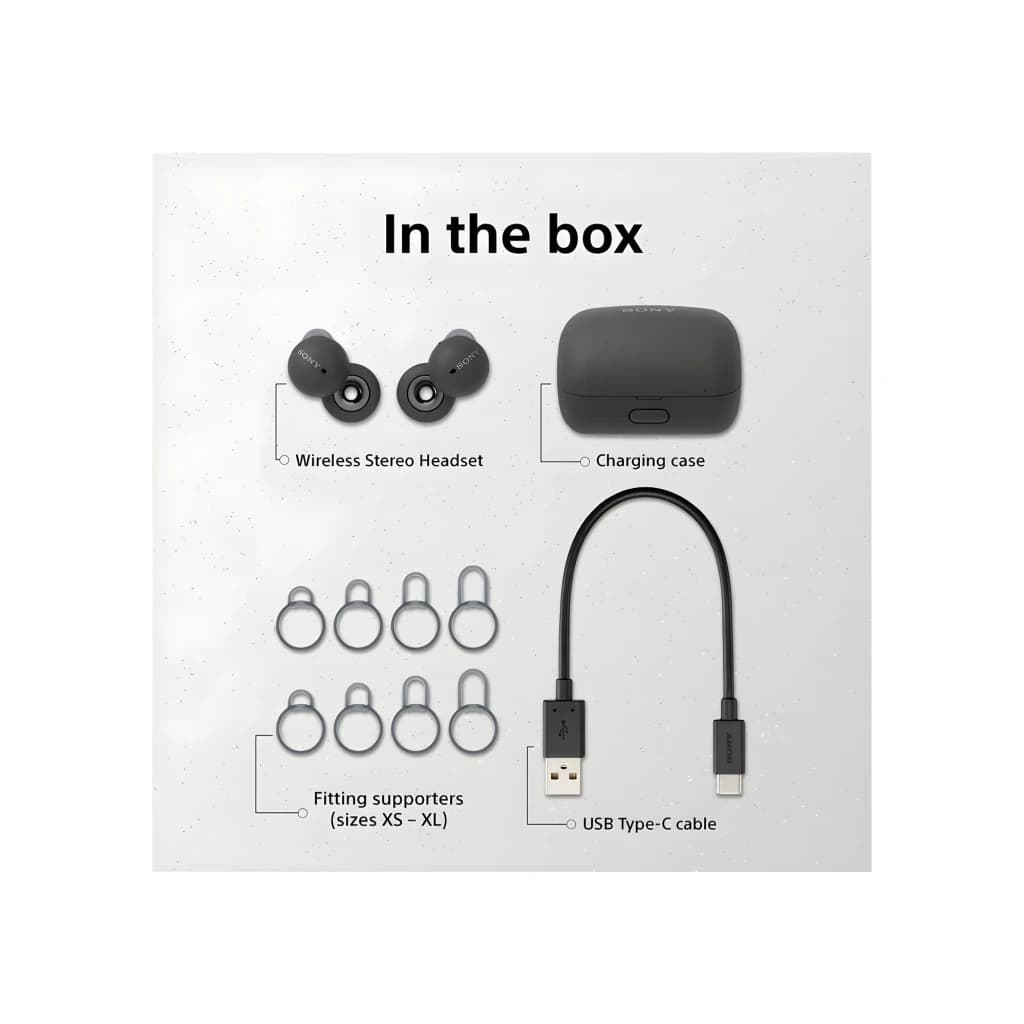Auriculares Sony LinkBuds WF-L900 gris con estuche de carga, anillas de ajuste XS-XL y cable USB-C; diseño TWS in-ear compacto y ligero IPX4, Bluetooth 5.2