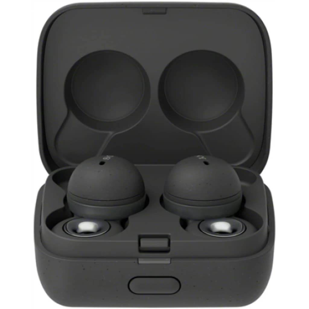 Estuche gris con auriculares Sony LinkBuds WF-L900 TWS in-ear, forma anillo abierto, base magnética y acabado mate con textura moteada