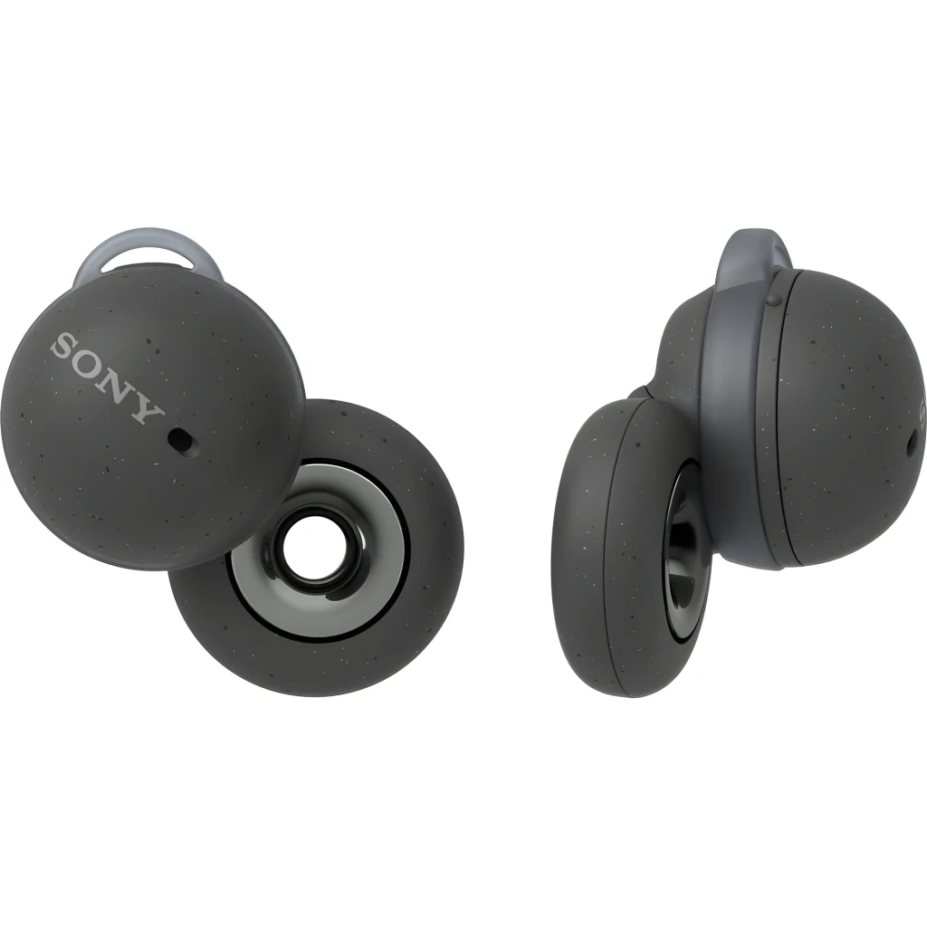 Sony LinkBuds WF-L900 gris avec boîtier compact, design annulaire ouvert, embouts ronds, voyants internes et aimants de charge, style minimal et moderne - Ítem2