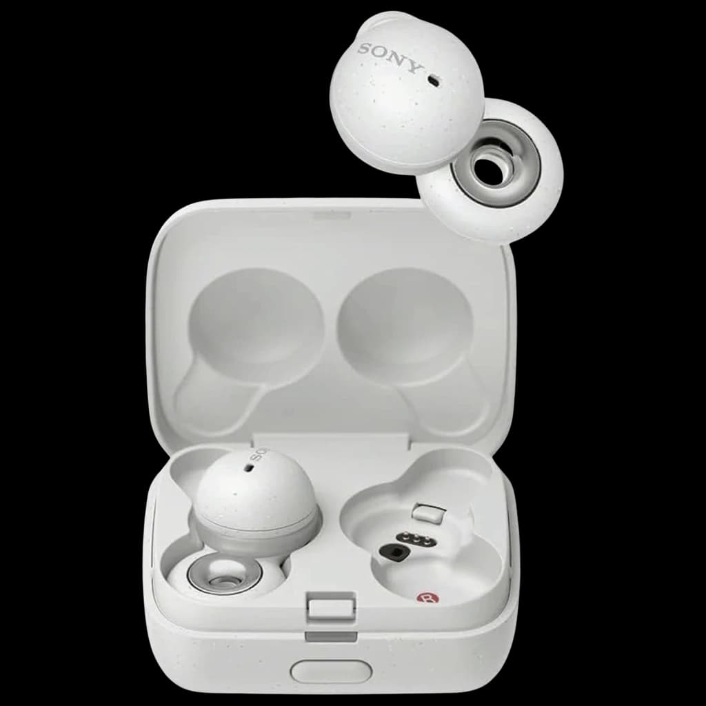Estuche blanco con auriculares Sony LinkBuds WF-L900 TWS In-Ear; diseño abierto con anillo, acabado mate, LED de carga y compartimentos moldeados