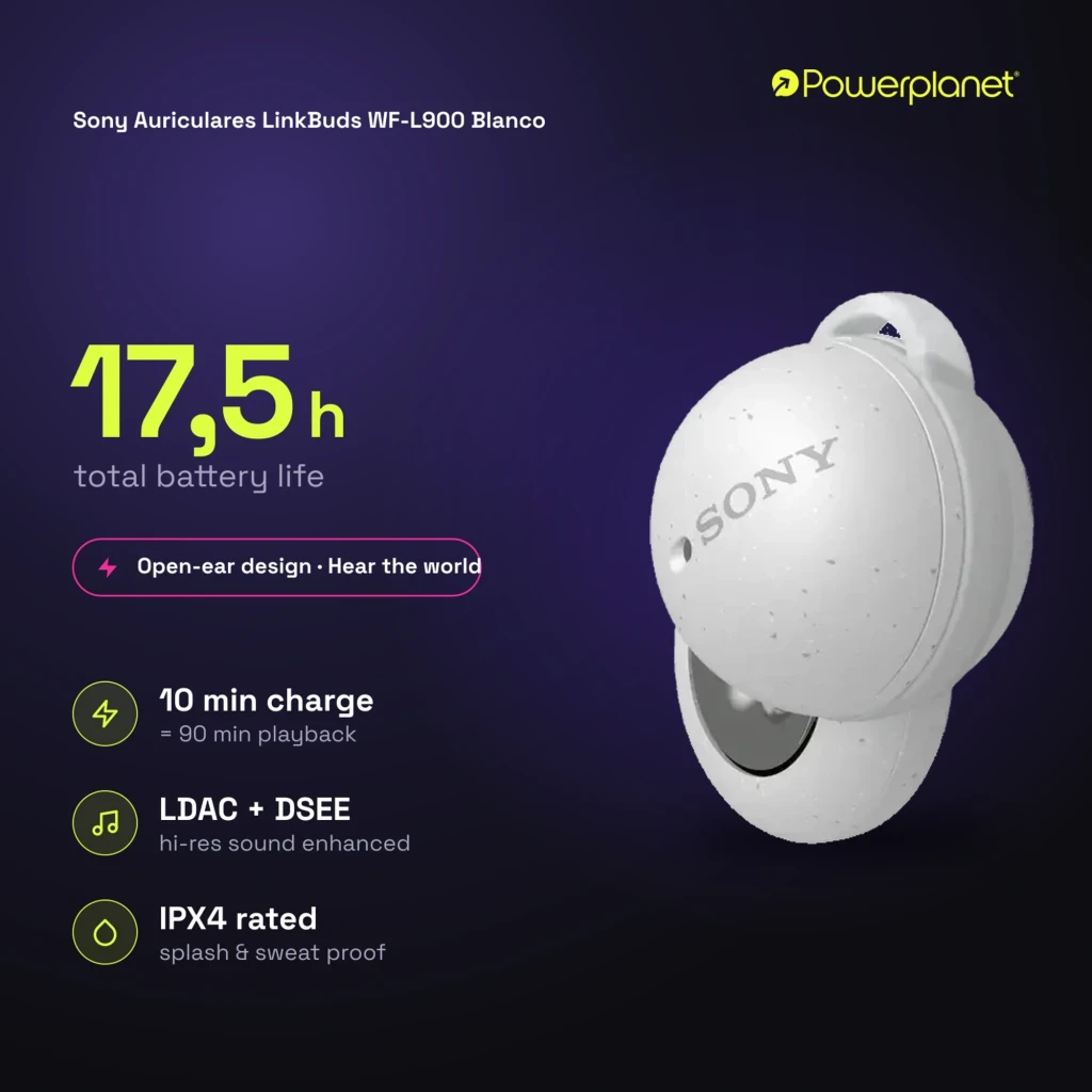 Sony LinkBuds WF-L900 blancs avec boîtier de charge compact, design anneau ouvert, écouteurs TWS intra-auriculaires, LED et ports de charge visibles - Ítem8