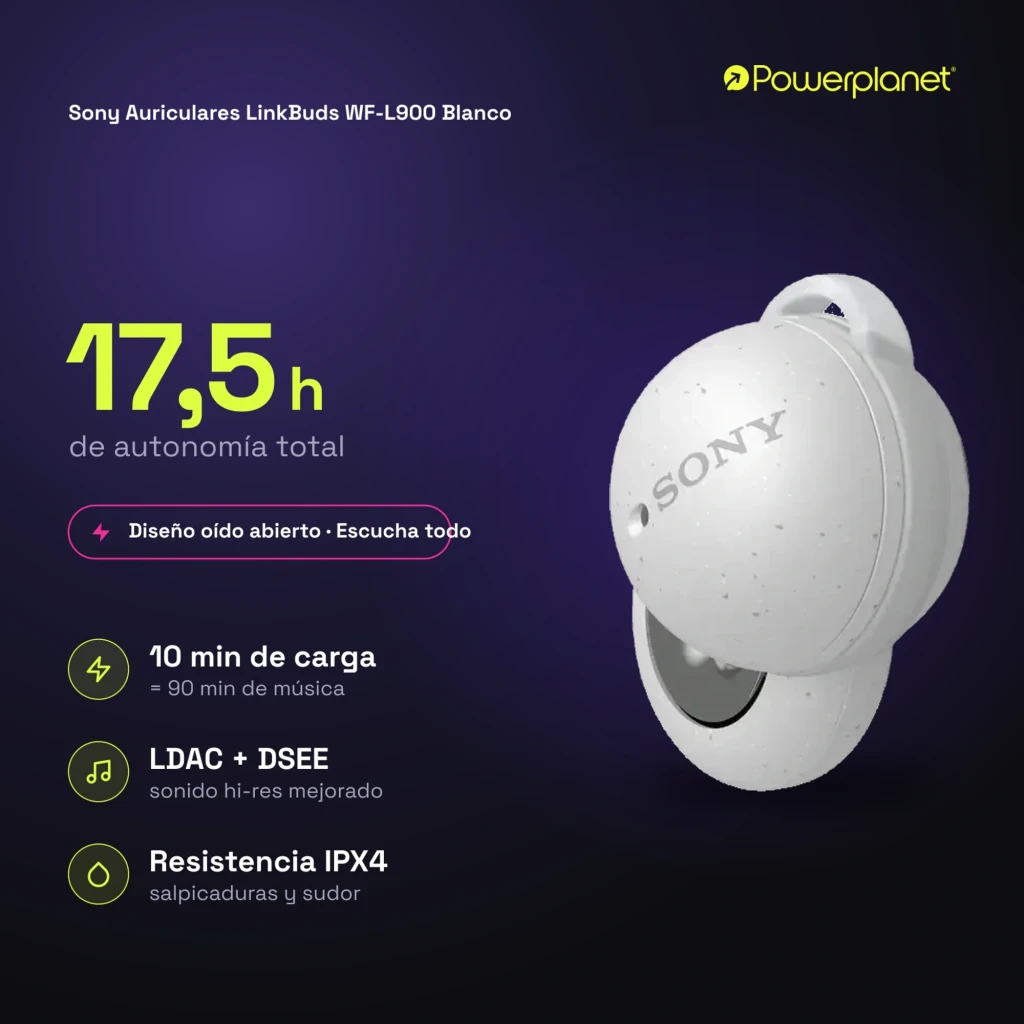 Sony LinkBuds WF-L900 blancs avec boîtier de charge compact, design anneau ouvert, écouteurs TWS intra-auriculaires, LED et ports de charge visibles - Ítem6