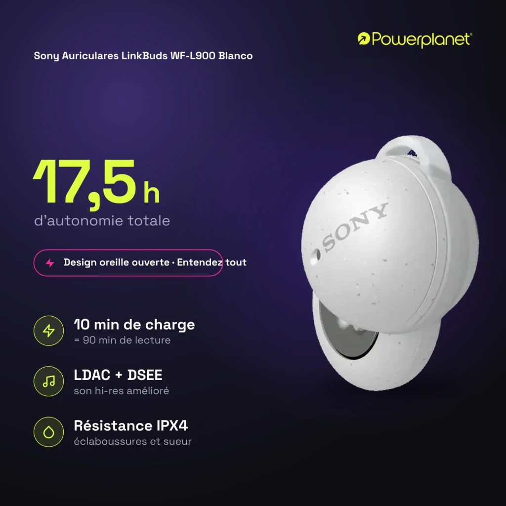 Sony LinkBuds WF-L900 blancs avec boîtier de charge compact, design anneau ouvert, écouteurs TWS intra-auriculaires, LED et ports de charge visibles - Ítem7