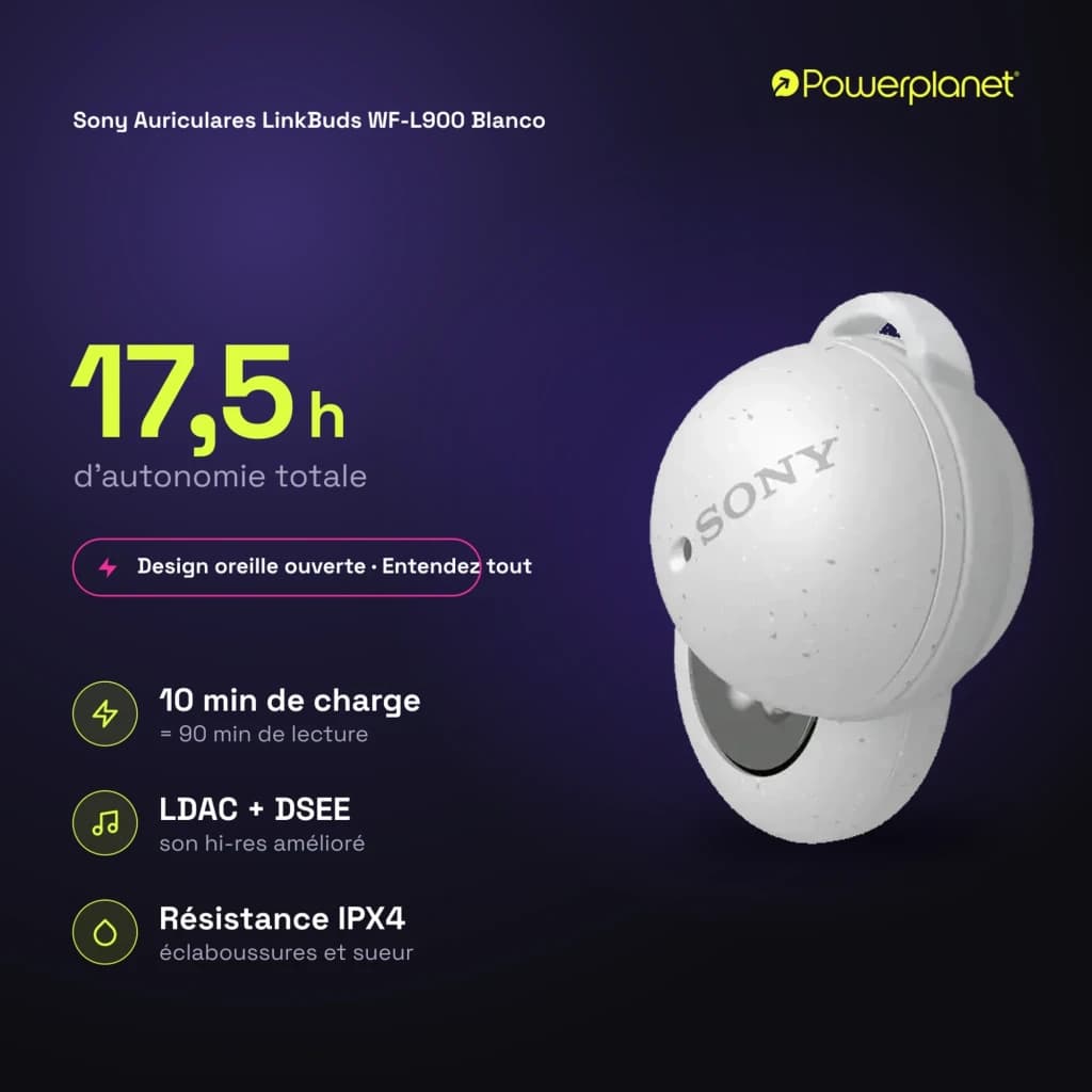 Sony LinkBuds WF-L900 Blanco TWS In-Ear con diseño de anillo abierto, estuche compacto blanco con logo Sony, textura moteada, indicador LED y resistencia IPX4