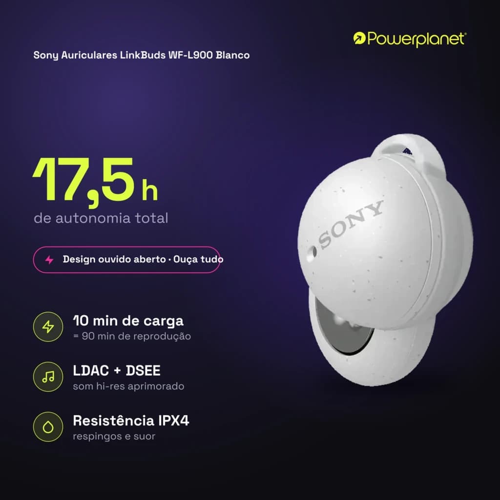 Auricular Sony LinkBuds WF-L900 blanco TWS con diseño abierto en forma de anillo, compacto y ligero, superficie moteada, botón lateral y logo Sony visible