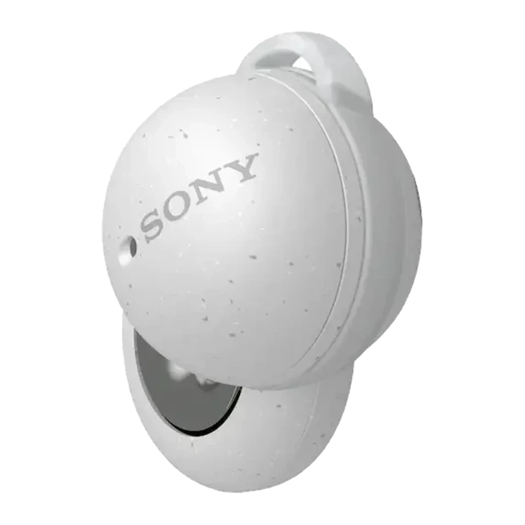 Sony LinkBuds WF-L900 blancs avec boîtier de charge compact, design anneau ouvert, écouteurs TWS intra-auriculaires, LED et ports de charge visibles - Ítem2