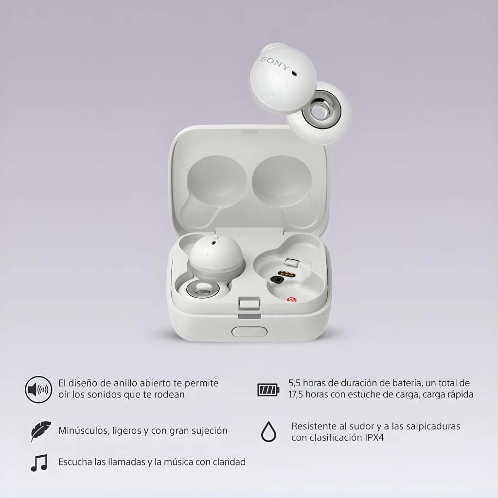 Sony LinkBuds WF-L900 blancs avec boîtier de charge compact, design anneau ouvert, écouteurs TWS intra-auriculaires, LED et ports de charge visibles - Ítem5