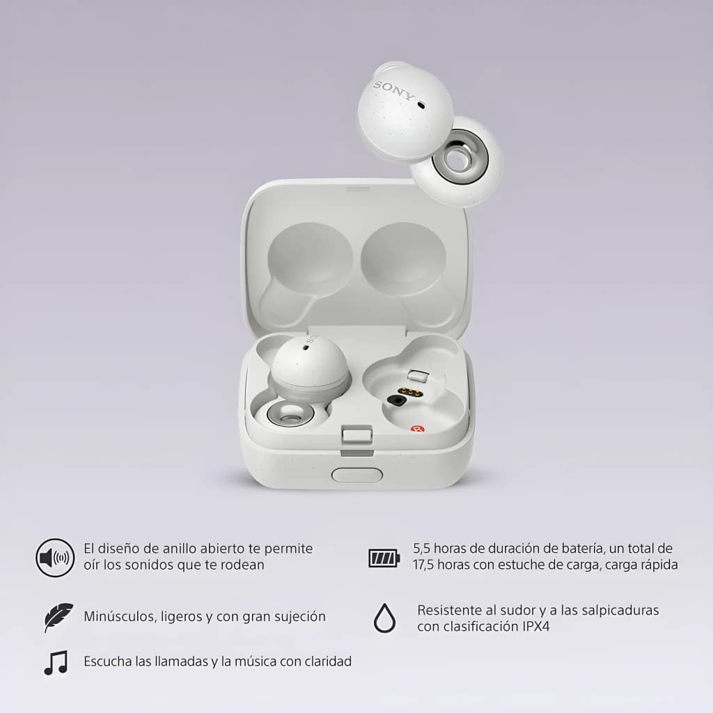 Auriculares Sony LinkBuds WF-L900 blancos con diseño de anillo abierto, estuche de carga compacto, micrófonos integrados y resistencia al agua IPX4
