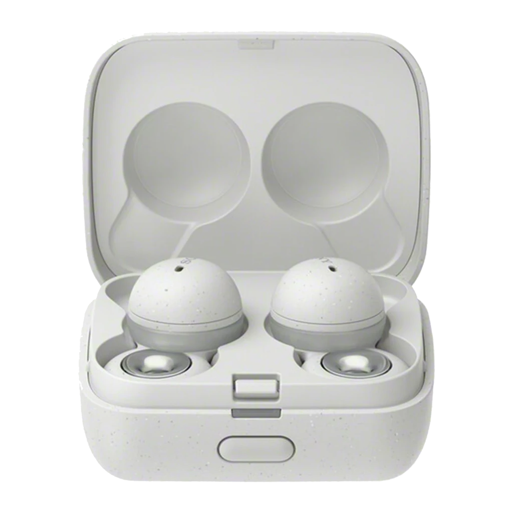 Sony LinkBuds WF-L900 blancs avec boîtier de charge compact, design anneau ouvert, écouteurs TWS intra-auriculaires, LED et ports de charge visibles - Ítem1